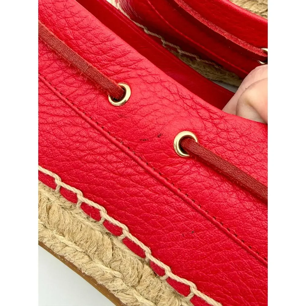 Tory Burch Skipper Boat Shoes Espadrilles Red Leather Size 9.5 Flatforms Flats